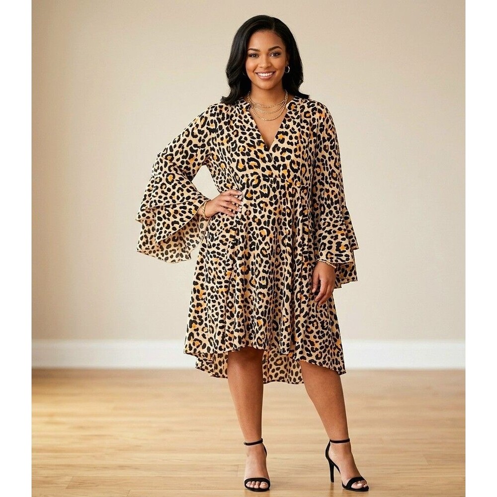 Umgee Plus Size 2XL Leopard Print Bell Sleeve Dress High Low Hem Boho